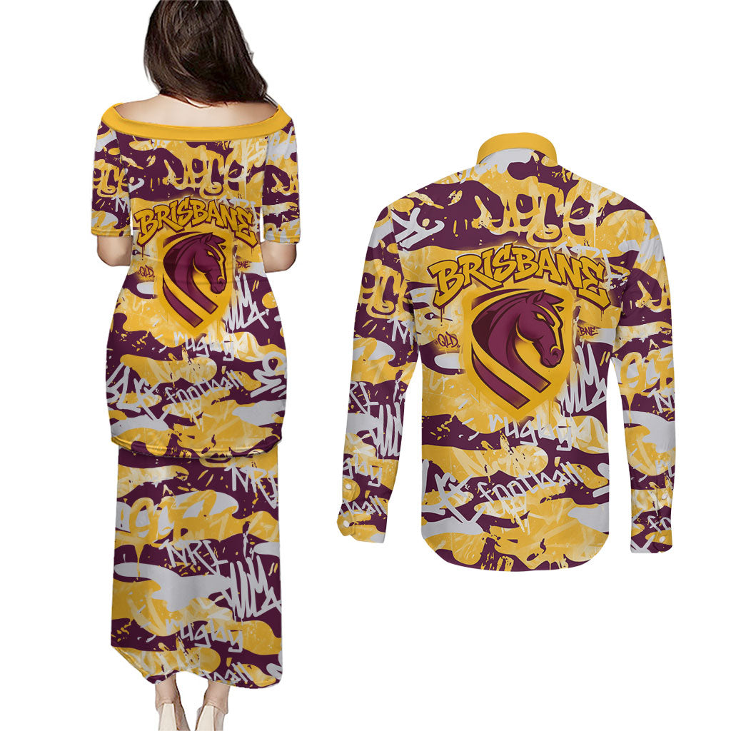 Brisbane Broncos Rugby Couples Matching Puletasi and Long Sleeve Button Shirt Graffiti Typography Urban Camo Abstract Street Style