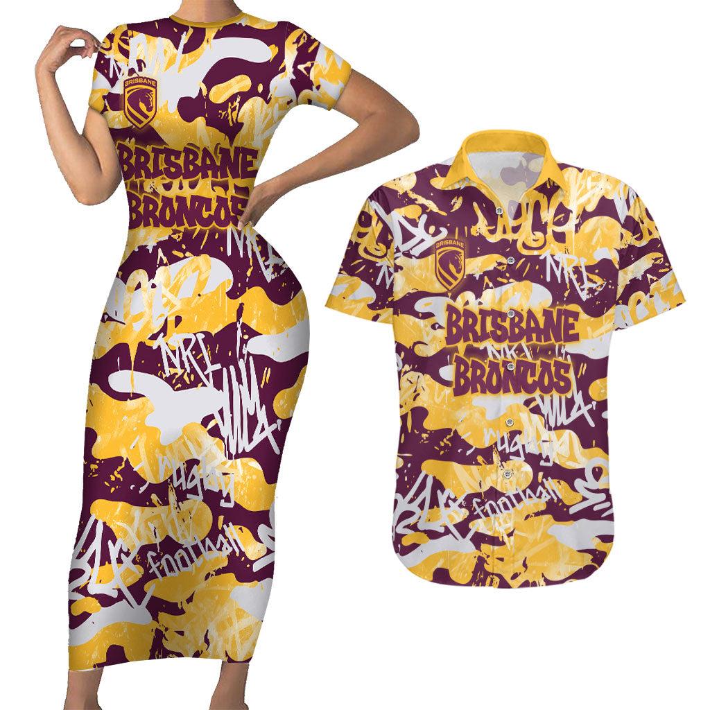 Brisbane Broncos Rugby Couples Matching Short Sleeve Bodycon Dress and Hawaiian Shirt Graffiti Typography Urban Camo Abstract Street Style