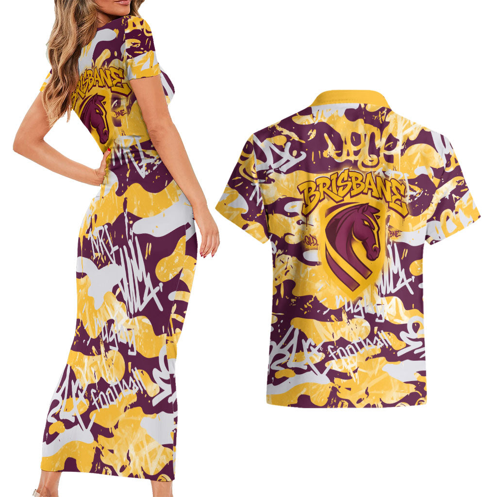 Brisbane Broncos Rugby Couples Matching Short Sleeve Bodycon Dress and Hawaiian Shirt Graffiti Typography Urban Camo Abstract Street Style