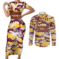 Brisbane Broncos Rugby Couples Matching Short Sleeve Bodycon Dress and Long Sleeve Button Shirt Graffiti Typography Urban Camo Abstract Street Style