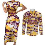 Brisbane Broncos Rugby Couples Matching Short Sleeve Bodycon Dress and Long Sleeve Button Shirt Graffiti Typography Urban Camo Abstract Street Style