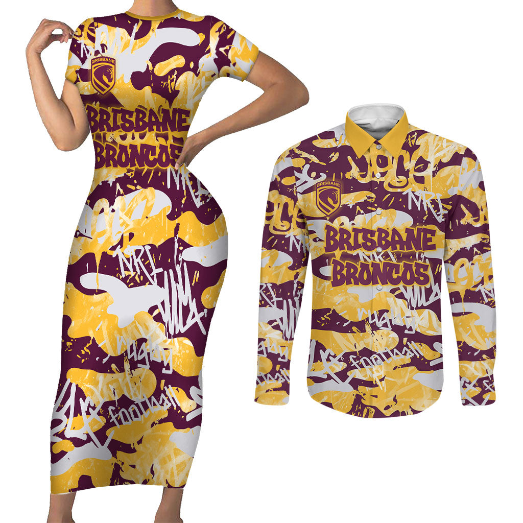 Brisbane Broncos Rugby Couples Matching Short Sleeve Bodycon Dress and Long Sleeve Button Shirt Graffiti Typography Urban Camo Abstract Street Style