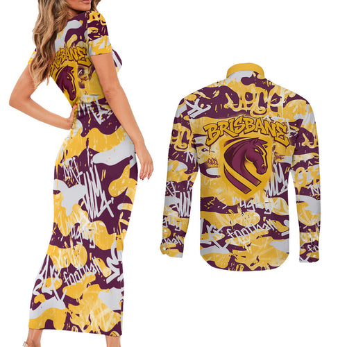 Brisbane Broncos Rugby Couples Matching Short Sleeve Bodycon Dress and Long Sleeve Button Shirt Graffiti Typography Urban Camo Abstract Street Style