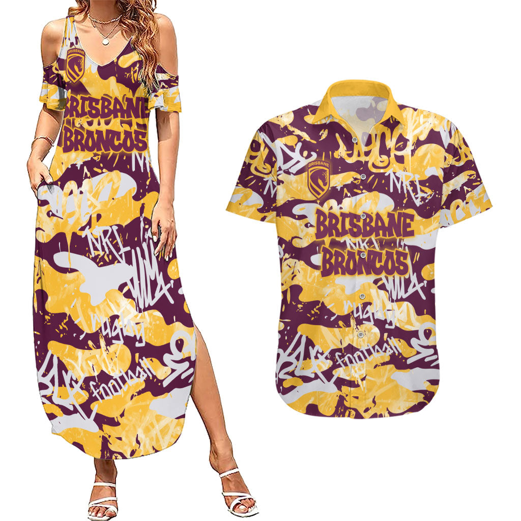 Brisbane Broncos Rugby Couples Matching Summer Maxi Dress and Hawaiian Shirt Graffiti Typography Urban Camo Abstract Street Style