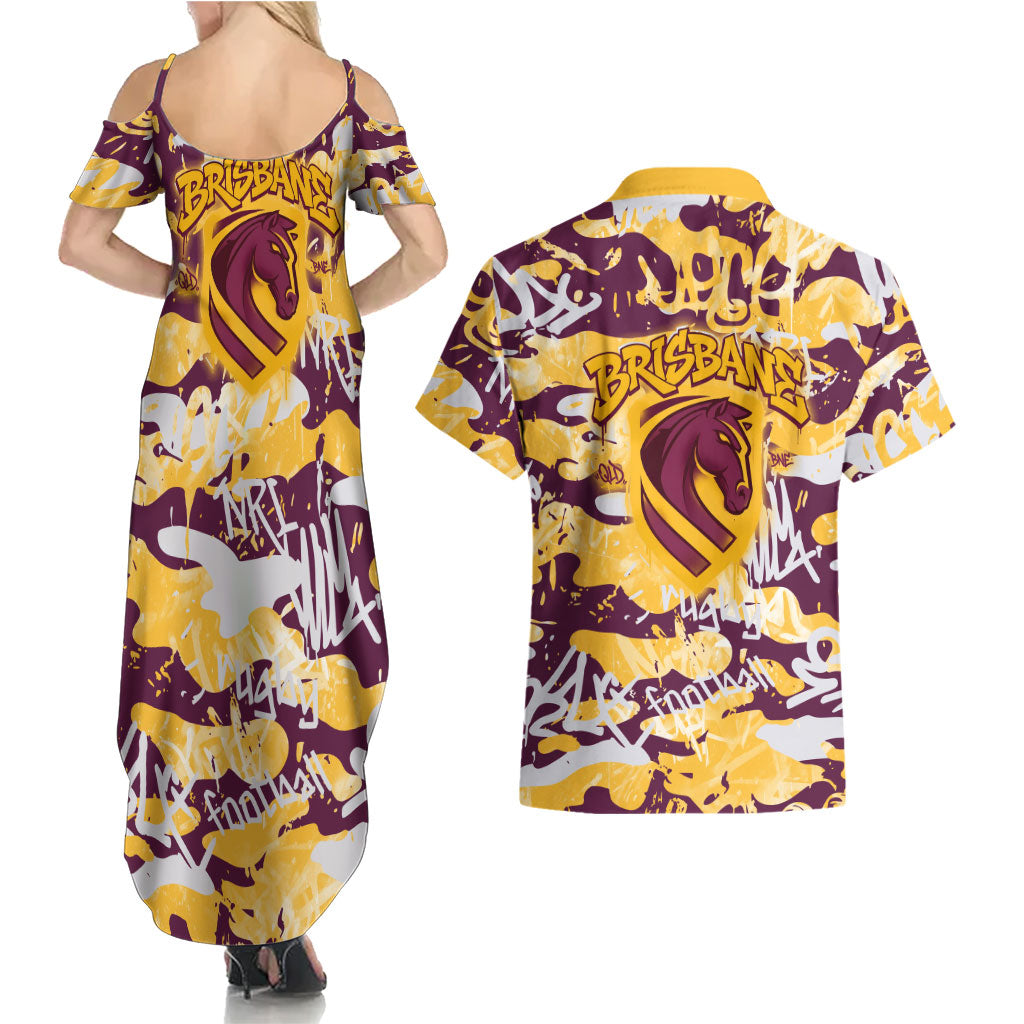 Brisbane Broncos Rugby Couples Matching Summer Maxi Dress and Hawaiian Shirt Graffiti Typography Urban Camo Abstract Street Style