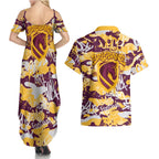 Brisbane Broncos Rugby Couples Matching Summer Maxi Dress and Hawaiian Shirt Graffiti Typography Urban Camo Abstract Street Style