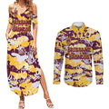Brisbane Broncos Rugby Couples Matching Summer Maxi Dress and Long Sleeve Button Shirt Graffiti Typography Urban Camo Abstract Street Style