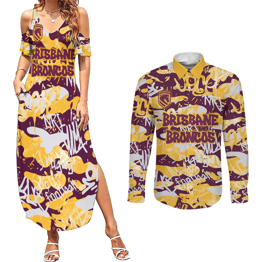 Brisbane Broncos Rugby Couples Matching Summer Maxi Dress and Long Sleeve Button Shirt Graffiti Typography Urban Camo Abstract Street Style