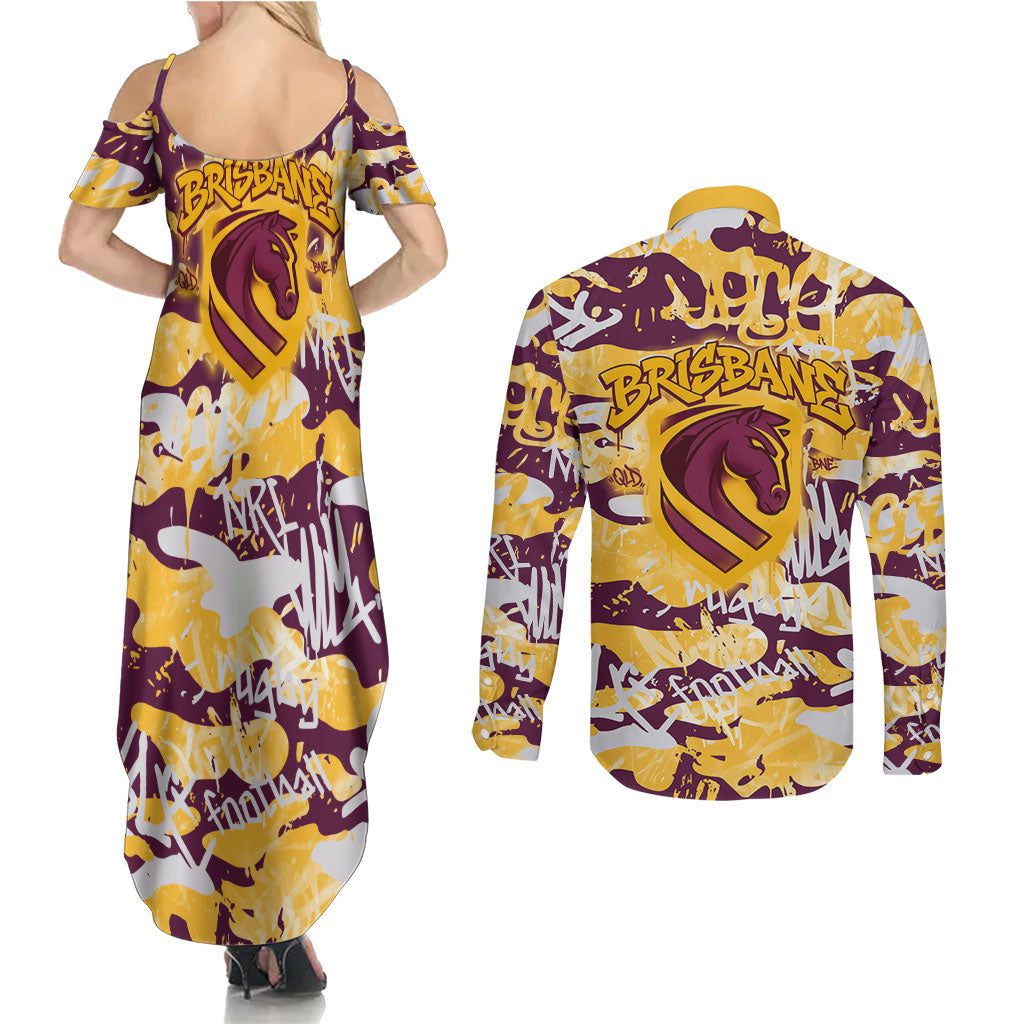 Brisbane Broncos Rugby Couples Matching Summer Maxi Dress and Long Sleeve Button Shirt Graffiti Typography Urban Camo Abstract Street Style