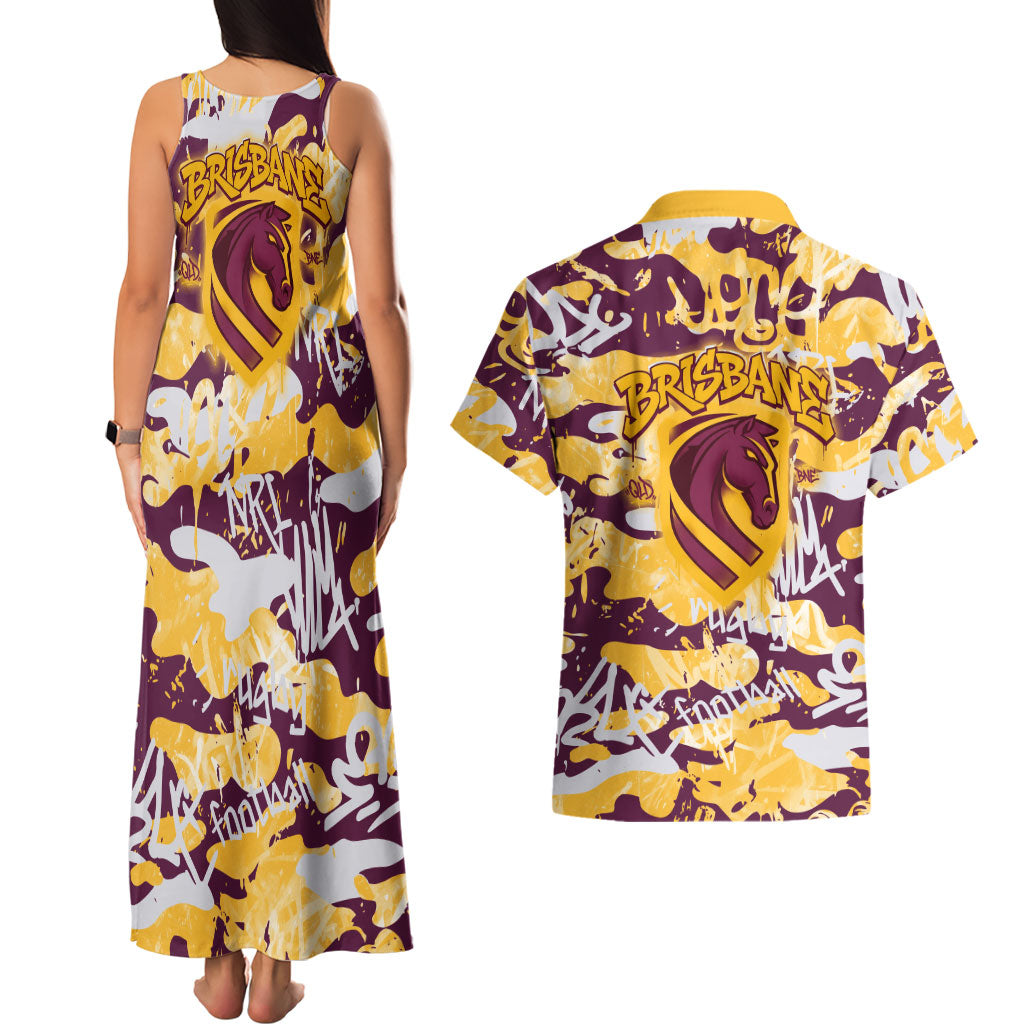 Brisbane Broncos Rugby Couples Matching Tank Maxi Dress and Hawaiian Shirt Graffiti Typography Urban Camo Abstract Street Style