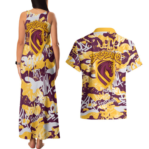 Brisbane Broncos Rugby Couples Matching Tank Maxi Dress and Hawaiian Shirt Graffiti Typography Urban Camo Abstract Street Style