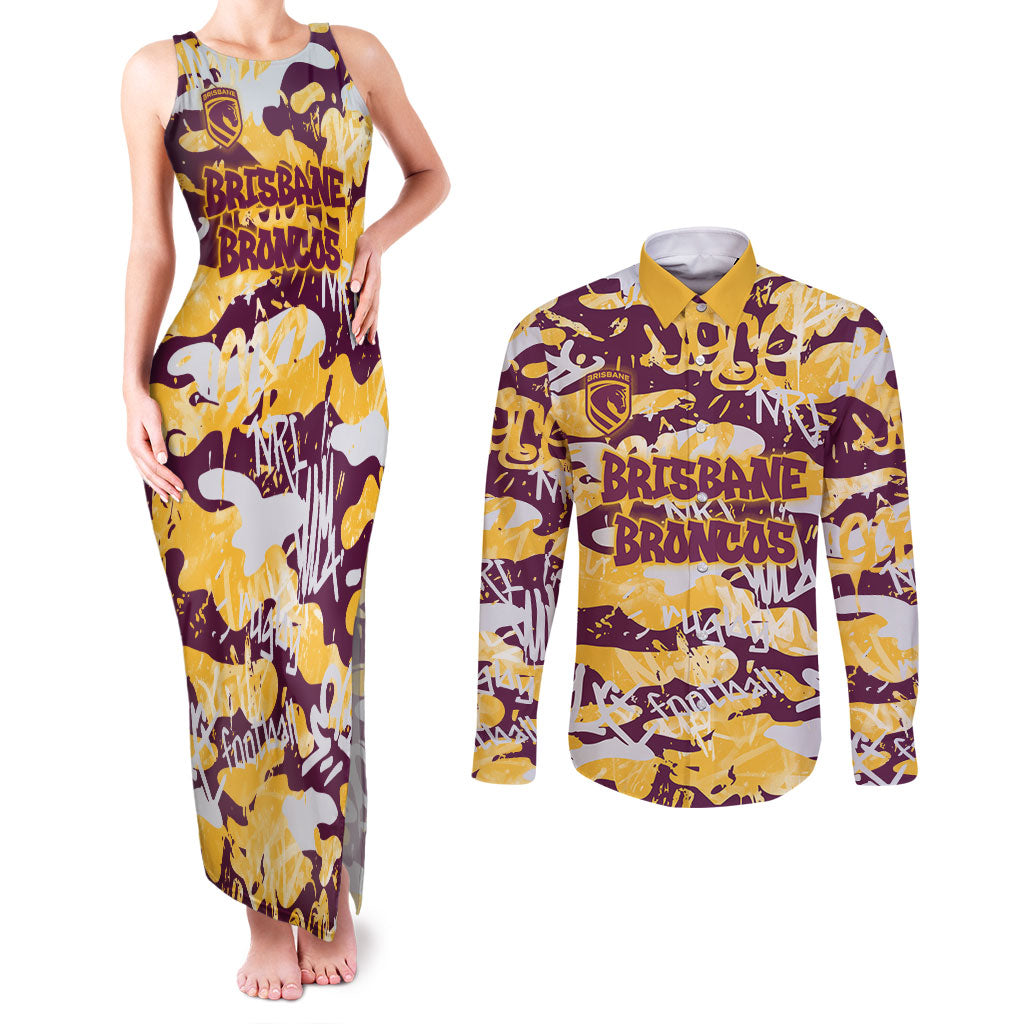 Brisbane Broncos Rugby Couples Matching Tank Maxi Dress and Long Sleeve Button Shirt Graffiti Typography Urban Camo Abstract Street Style