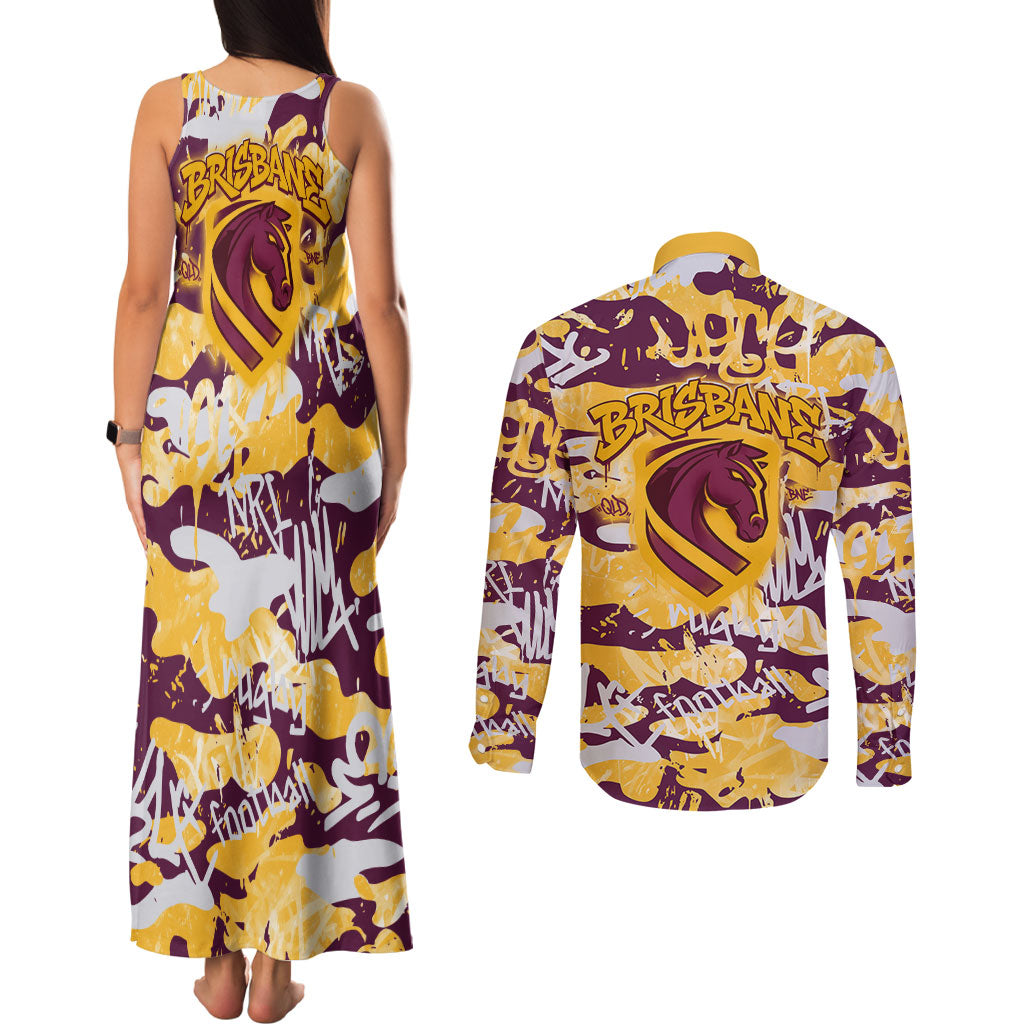 Brisbane Broncos Rugby Couples Matching Tank Maxi Dress and Long Sleeve Button Shirt Graffiti Typography Urban Camo Abstract Street Style