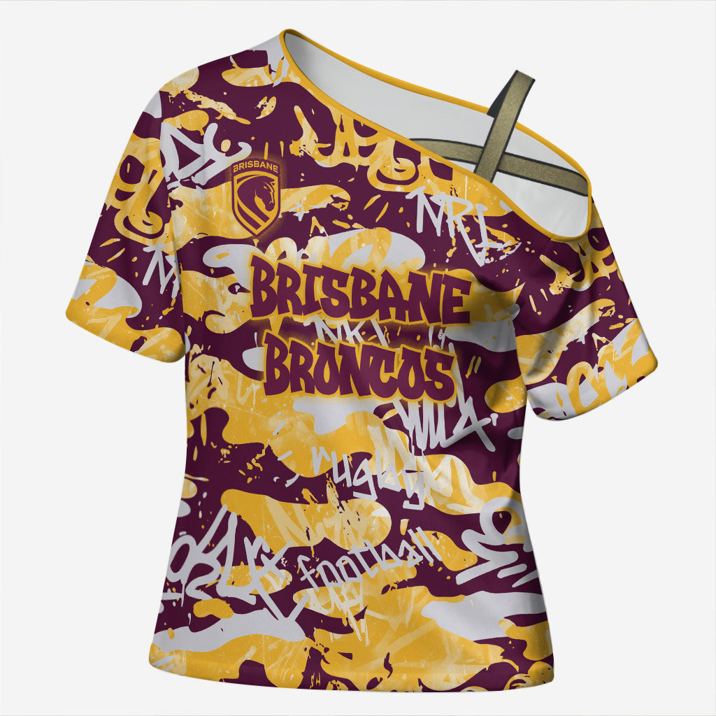 Brisbane Broncos Rugby Cross Shoulder Shirt Graffiti Typography Urban Camo Abstract Street Style
