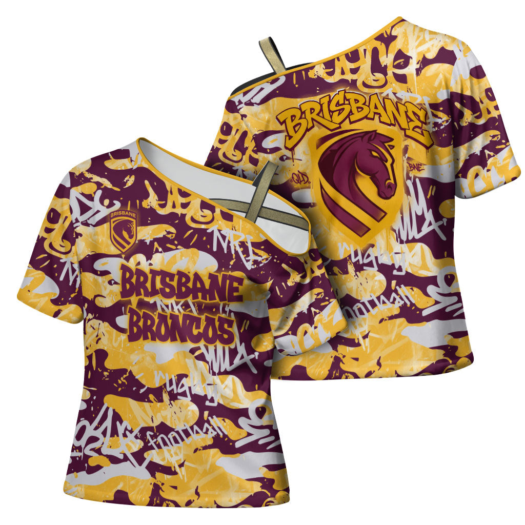 Brisbane Broncos Rugby Cross Shoulder Shirt Graffiti Typography Urban Camo Abstract Street Style