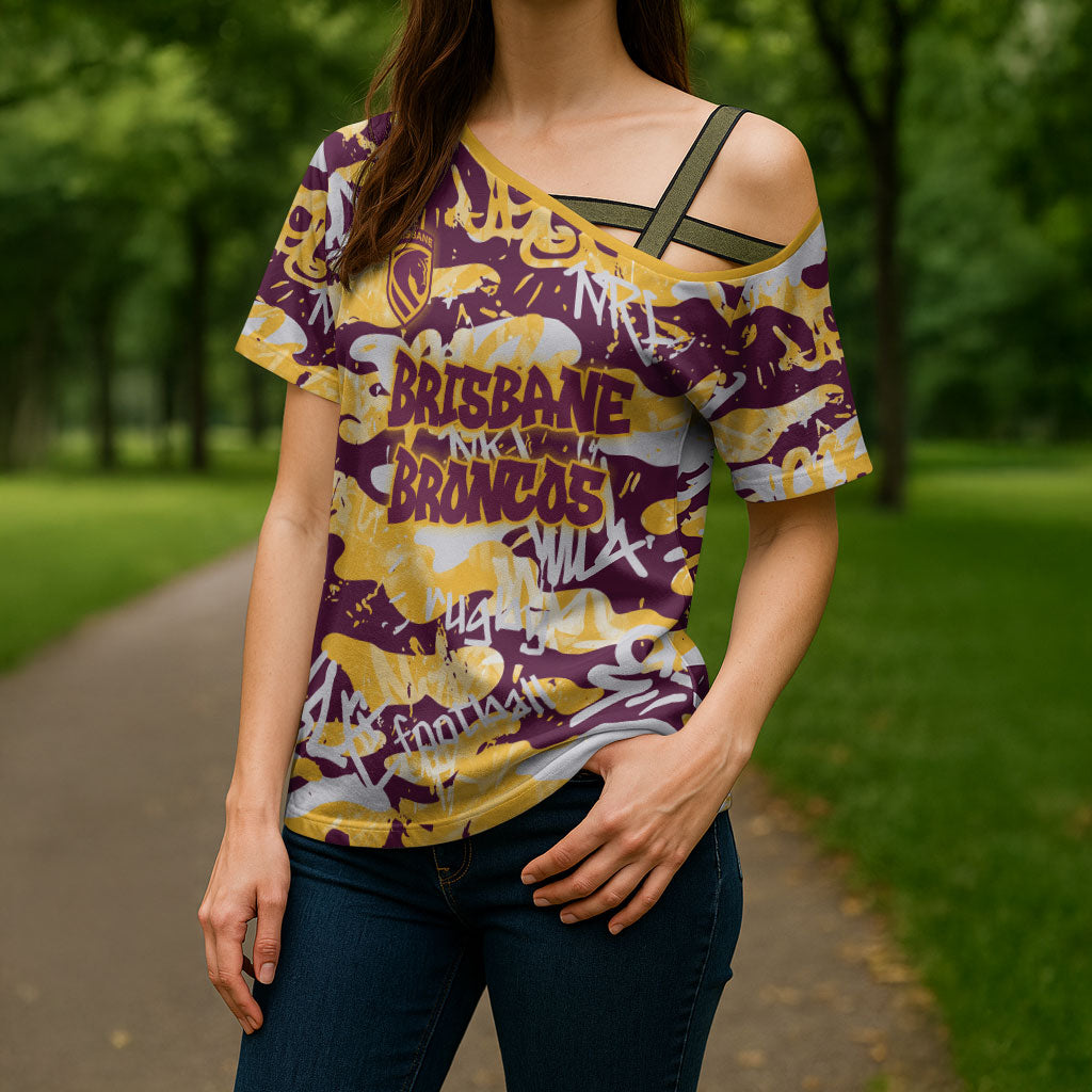 Brisbane Broncos Rugby Cross Shoulder Shirt Graffiti Typography Urban Camo Abstract Street Style