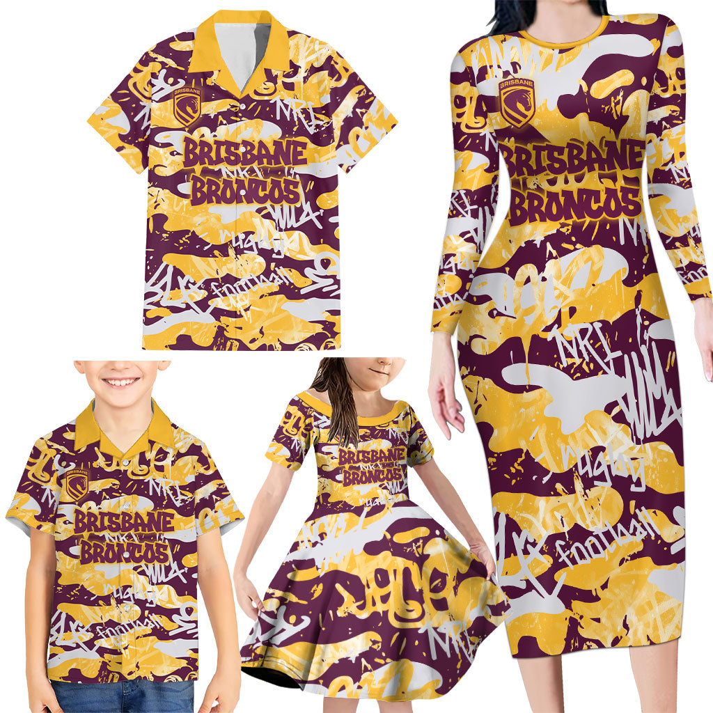 Brisbane Broncos Rugby Family Matching Long Sleeve Bodycon Dress and Hawaiian Shirt Graffiti Typography Urban Camo Abstract Street Style