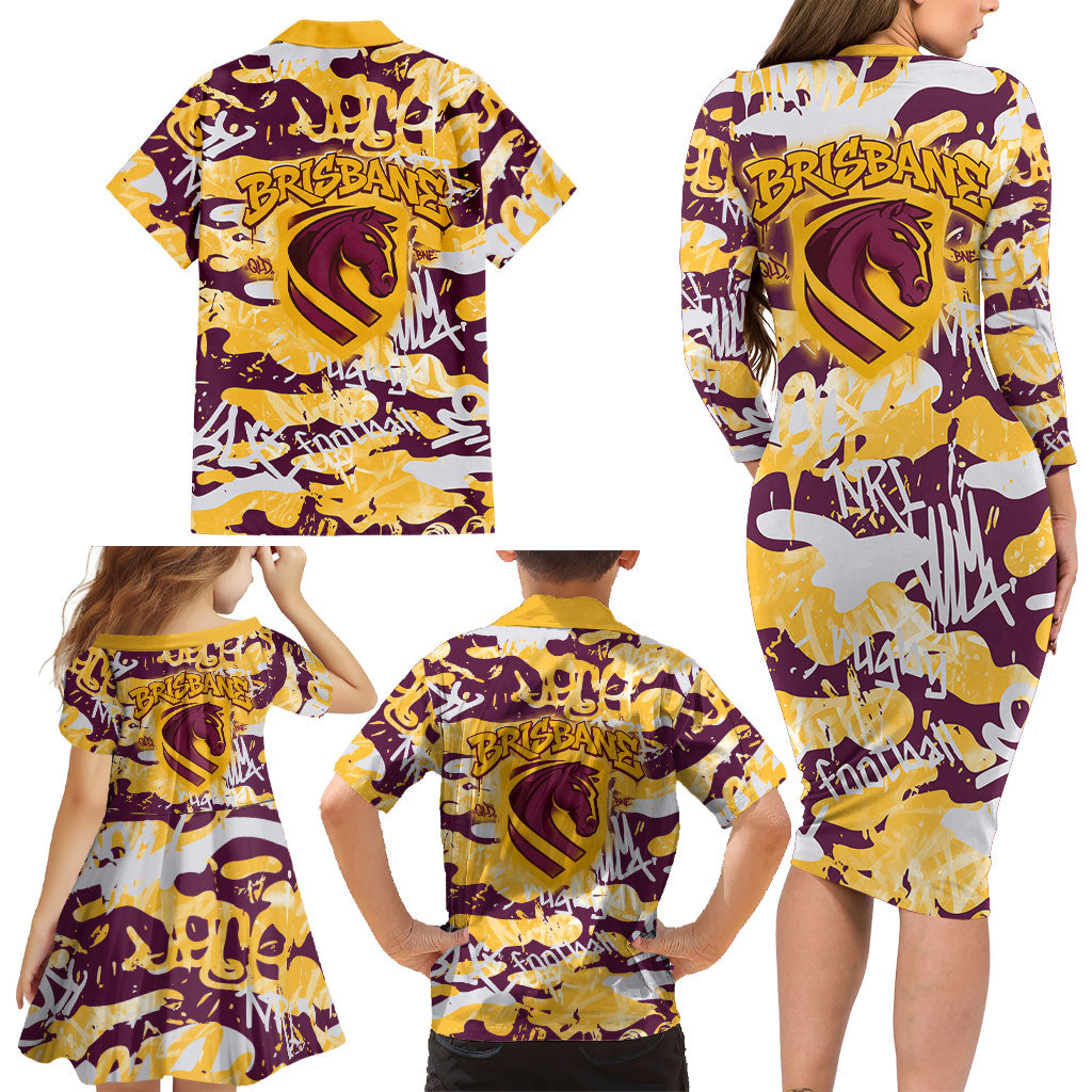 Brisbane Broncos Rugby Family Matching Long Sleeve Bodycon Dress and Hawaiian Shirt Graffiti Typography Urban Camo Abstract Street Style