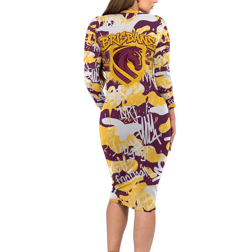 Brisbane Broncos Rugby Family Matching Long Sleeve Bodycon Dress and Hawaiian Shirt Graffiti Typography Urban Camo Abstract Street Style