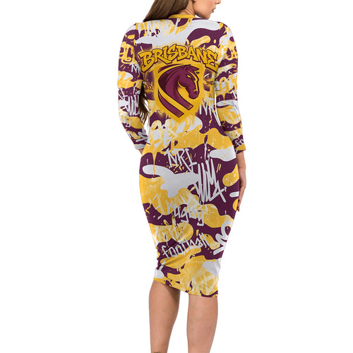 Brisbane Broncos Rugby Family Matching Long Sleeve Bodycon Dress and Hawaiian Shirt Graffiti Typography Urban Camo Abstract Street Style
