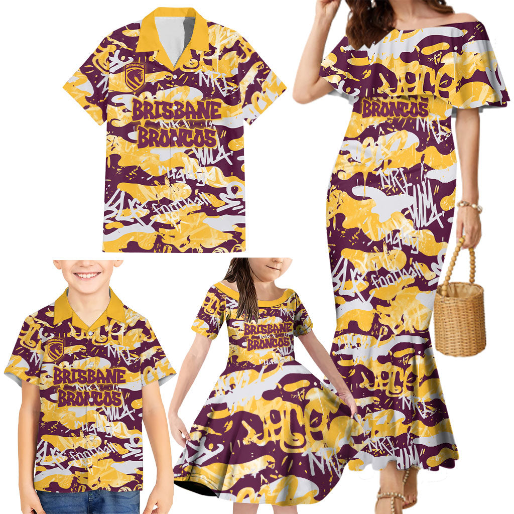 Brisbane Broncos Rugby Family Matching Mermaid Dress and Hawaiian Shirt Graffiti Typography Urban Camo Abstract Street Style