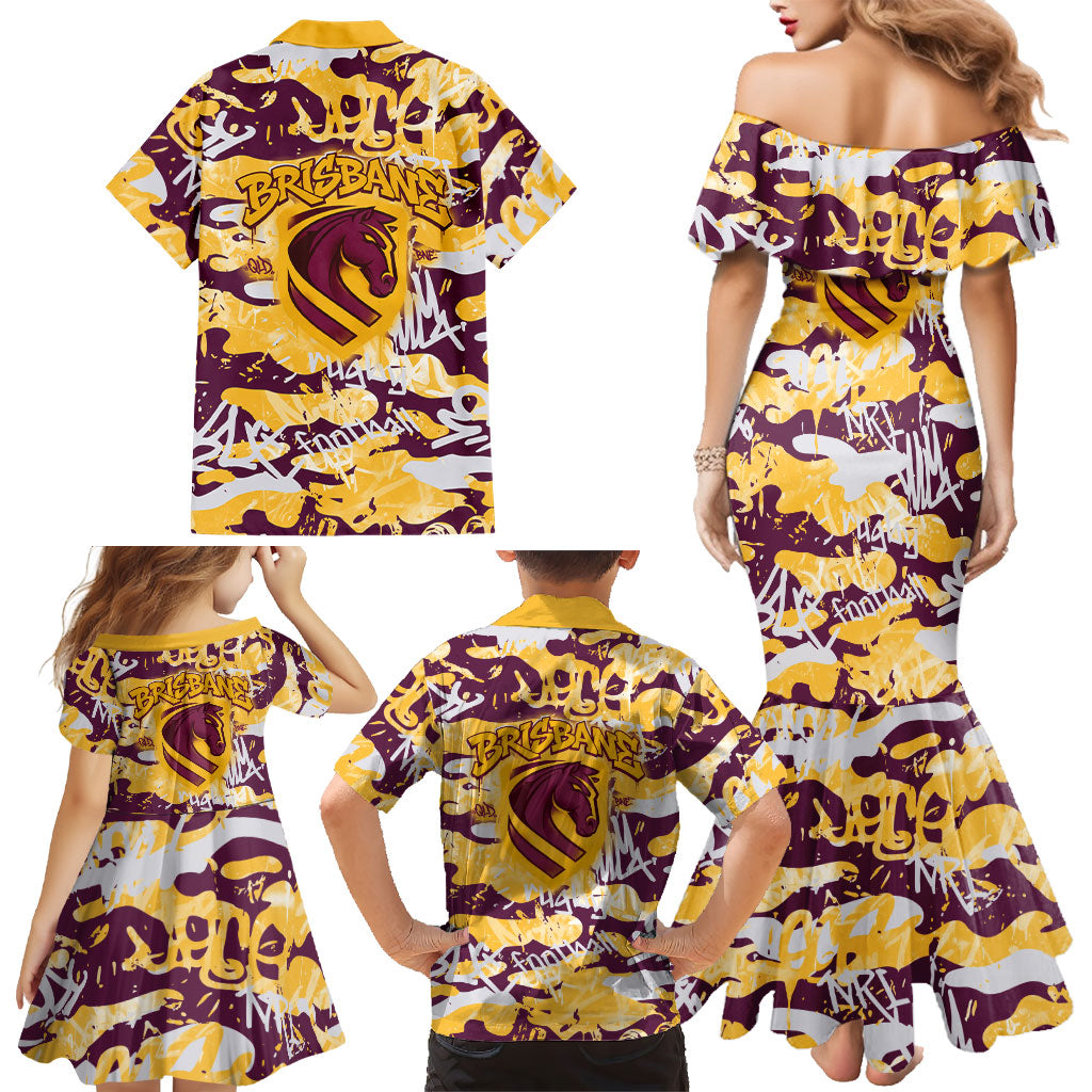 Brisbane Broncos Rugby Family Matching Mermaid Dress and Hawaiian Shirt Graffiti Typography Urban Camo Abstract Street Style