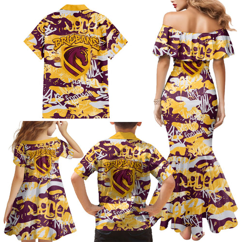 Brisbane Broncos Rugby Family Matching Mermaid Dress and Hawaiian Shirt Graffiti Typography Urban Camo Abstract Street Style