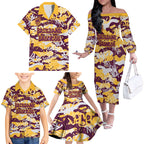 Brisbane Broncos Rugby Family Matching Off The Shoulder Long Sleeve Dress and Hawaiian Shirt Graffiti Typography Urban Camo Abstract Street Style