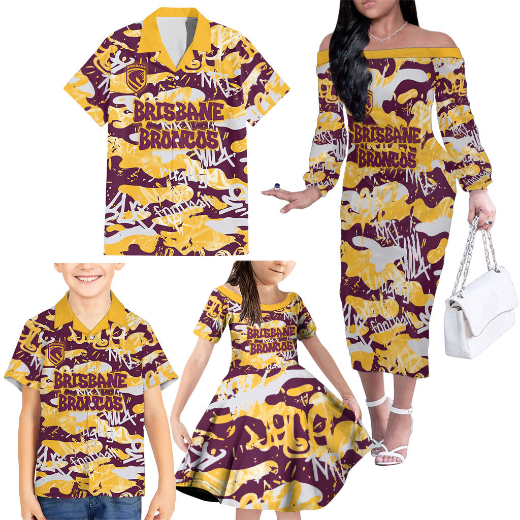 Brisbane Broncos Rugby Family Matching Off The Shoulder Long Sleeve Dress and Hawaiian Shirt Graffiti Typography Urban Camo Abstract Street Style