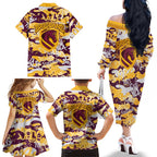 Brisbane Broncos Rugby Family Matching Off The Shoulder Long Sleeve Dress and Hawaiian Shirt Graffiti Typography Urban Camo Abstract Street Style