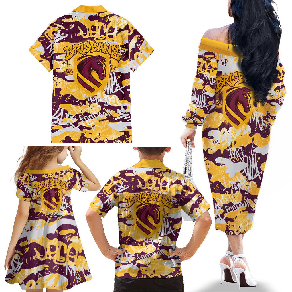 Brisbane Broncos Rugby Family Matching Off The Shoulder Long Sleeve Dress and Hawaiian Shirt Graffiti Typography Urban Camo Abstract Street Style