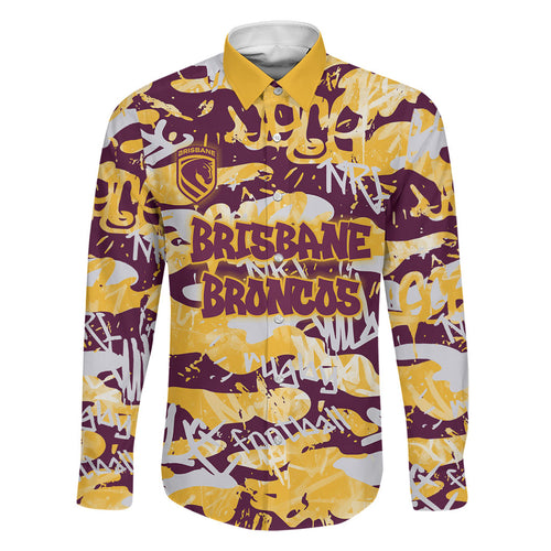 Brisbane Broncos Rugby Family Matching Off The Shoulder Long Sleeve Dress and Hawaiian Shirt Graffiti Typography Urban Camo Abstract Street Style