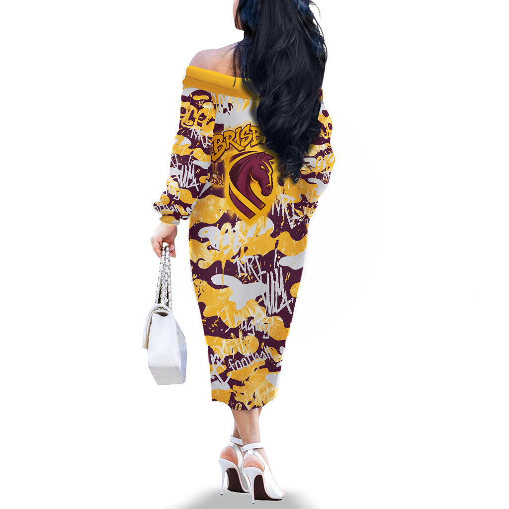 Brisbane Broncos Rugby Family Matching Off The Shoulder Long Sleeve Dress and Hawaiian Shirt Graffiti Typography Urban Camo Abstract Street Style