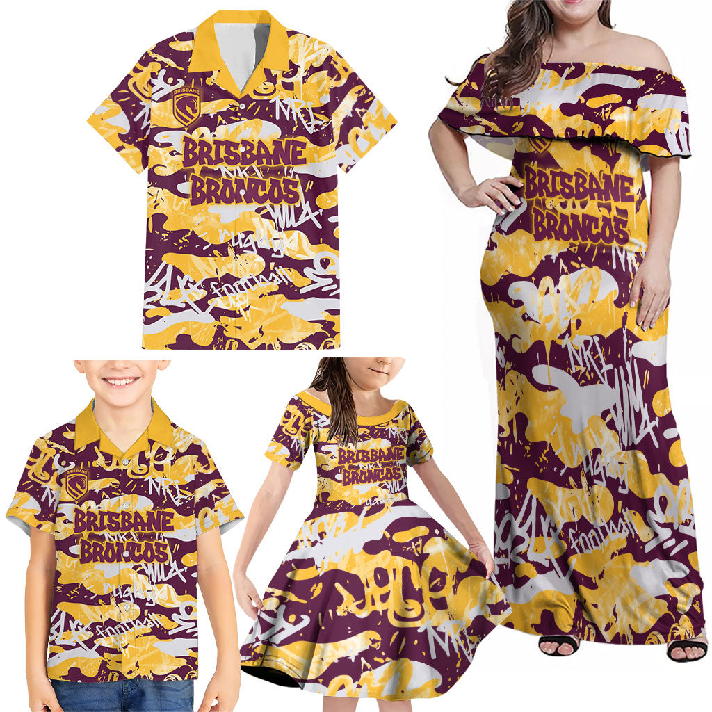 Brisbane Broncos Rugby Family Matching Off Shoulder Maxi Dress and Hawaiian Shirt Graffiti Typography Urban Camo Abstract Street Style