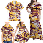 Brisbane Broncos Rugby Family Matching Off Shoulder Maxi Dress and Hawaiian Shirt Graffiti Typography Urban Camo Abstract Street Style