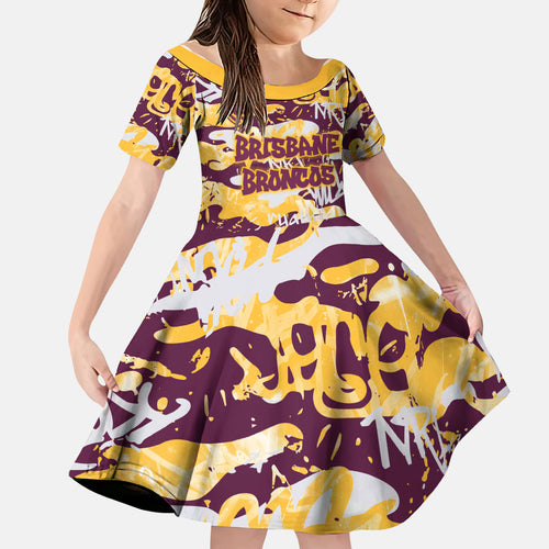 Brisbane Broncos Rugby Family Matching Off Shoulder Maxi Dress and Hawaiian Shirt Graffiti Typography Urban Camo Abstract Street Style