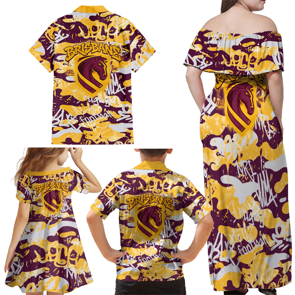 Brisbane Broncos Rugby Family Matching Off Shoulder Maxi Dress and Hawaiian Shirt Graffiti Typography Urban Camo Abstract Street Style