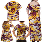 Brisbane Broncos Rugby Family Matching Off Shoulder Maxi Dress and Hawaiian Shirt Graffiti Typography Urban Camo Abstract Street Style