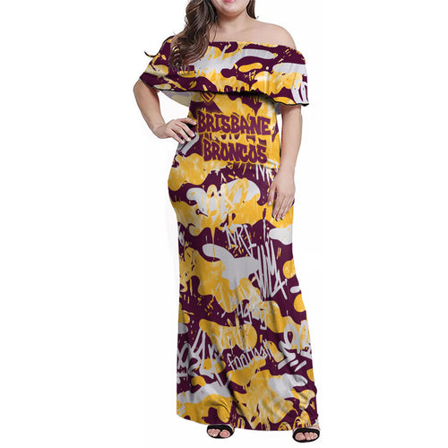 Brisbane Broncos Rugby Family Matching Off Shoulder Maxi Dress and Hawaiian Shirt Graffiti Typography Urban Camo Abstract Street Style
