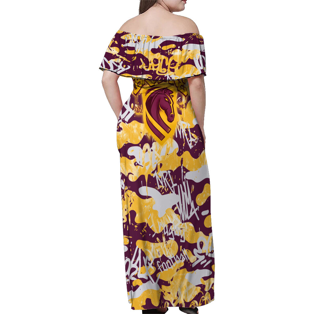 Brisbane Broncos Rugby Family Matching Off Shoulder Maxi Dress and Hawaiian Shirt Graffiti Typography Urban Camo Abstract Street Style
