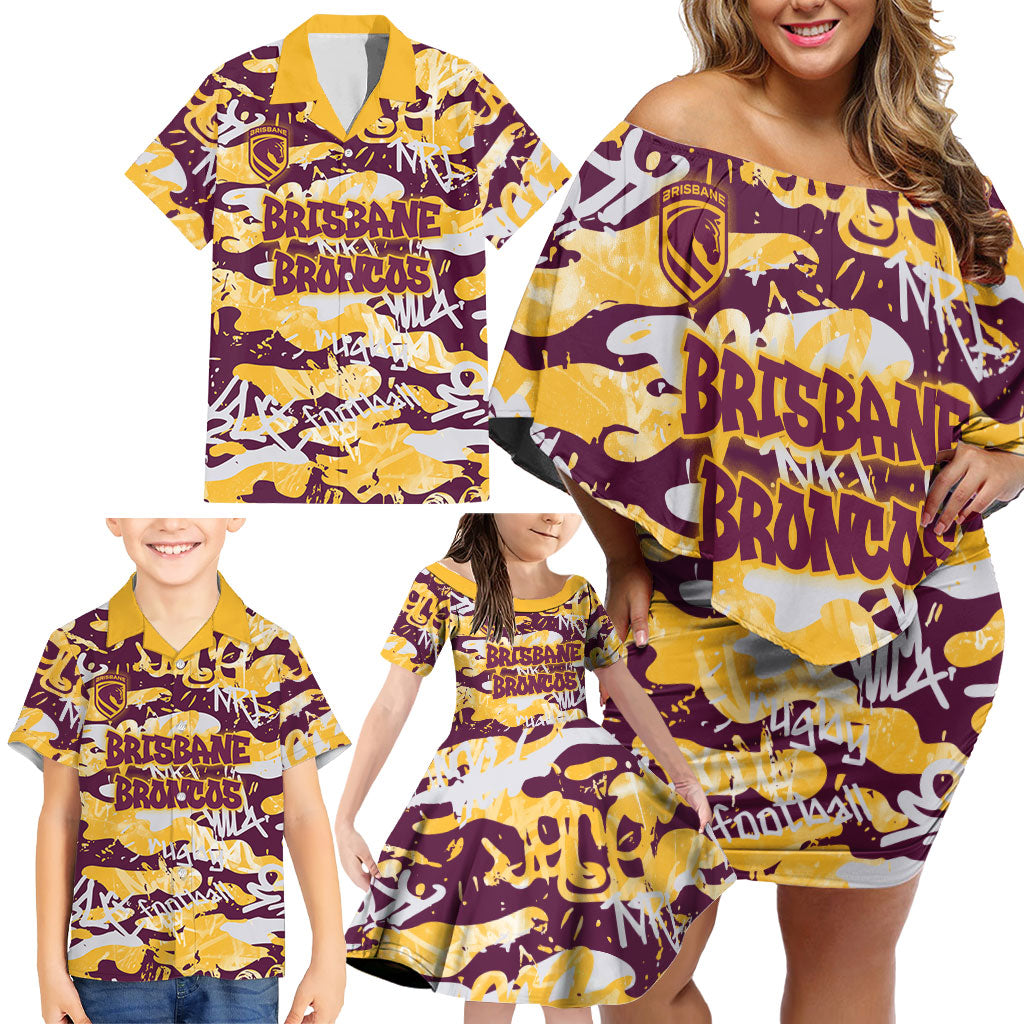 Brisbane Broncos Rugby Family Matching Off Shoulder Short Dress and Hawaiian Shirt Graffiti Typography Urban Camo Abstract Street Style