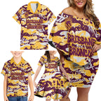 Brisbane Broncos Rugby Family Matching Off Shoulder Short Dress and Hawaiian Shirt Graffiti Typography Urban Camo Abstract Street Style