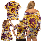 Brisbane Broncos Rugby Family Matching Off Shoulder Short Dress and Hawaiian Shirt Graffiti Typography Urban Camo Abstract Street Style