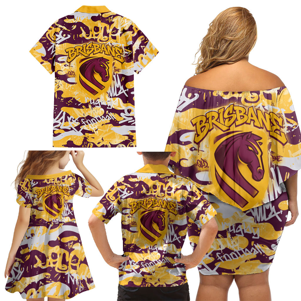 Brisbane Broncos Rugby Family Matching Off Shoulder Short Dress and Hawaiian Shirt Graffiti Typography Urban Camo Abstract Street Style