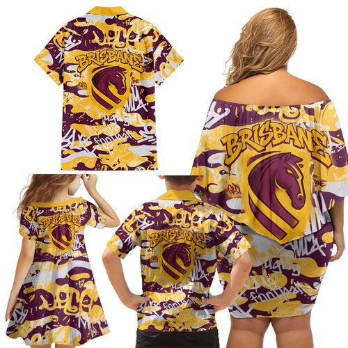 Brisbane Broncos Rugby Family Matching Off Shoulder Short Dress and Hawaiian Shirt Graffiti Typography Urban Camo Abstract Street Style
