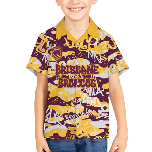Brisbane Broncos Rugby Family Matching Off Shoulder Short Dress and Hawaiian Shirt Graffiti Typography Urban Camo Abstract Street Style
