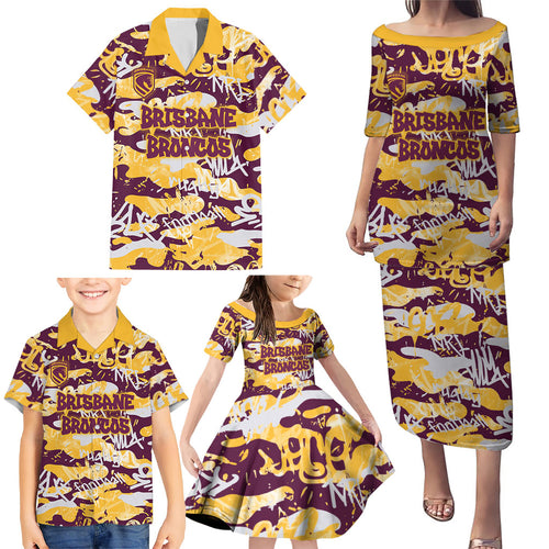 Brisbane Broncos Rugby Family Matching Puletasi and Hawaiian Shirt Graffiti Typography Urban Camo Abstract Street Style