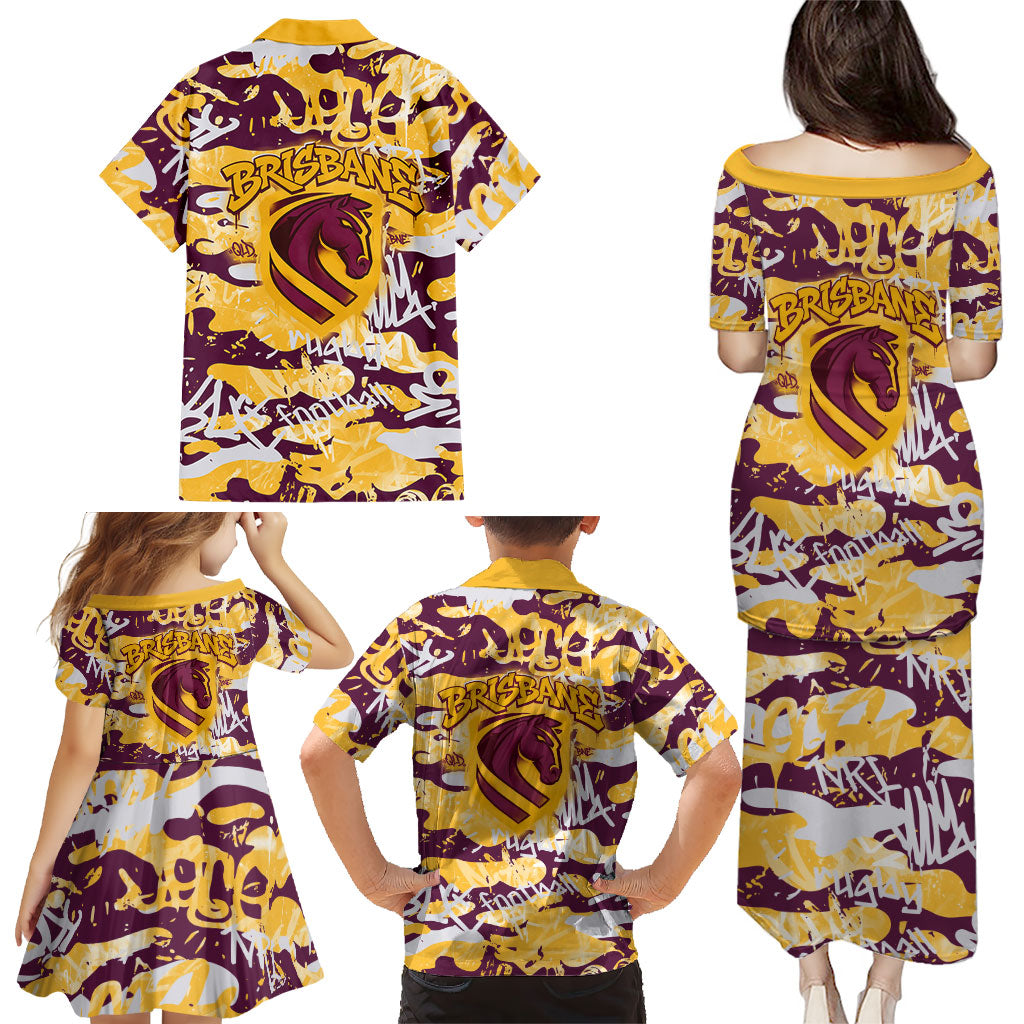 Brisbane Broncos Rugby Family Matching Puletasi and Hawaiian Shirt Graffiti Typography Urban Camo Abstract Street Style