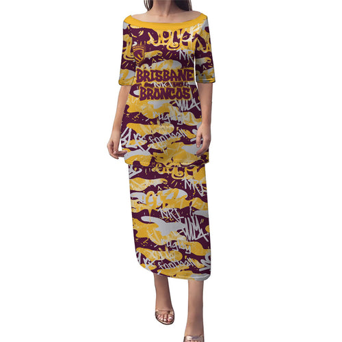 Brisbane Broncos Rugby Family Matching Puletasi and Hawaiian Shirt Graffiti Typography Urban Camo Abstract Street Style