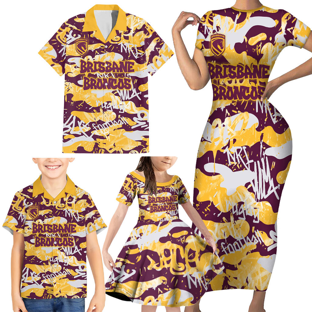 Brisbane Broncos Rugby Family Matching Short Sleeve Bodycon Dress and Hawaiian Shirt Graffiti Typography Urban Camo Abstract Street Style